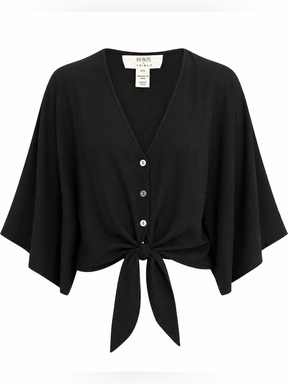 Tribal XIX Palms Black Tie Front Kimono Top NWT Small